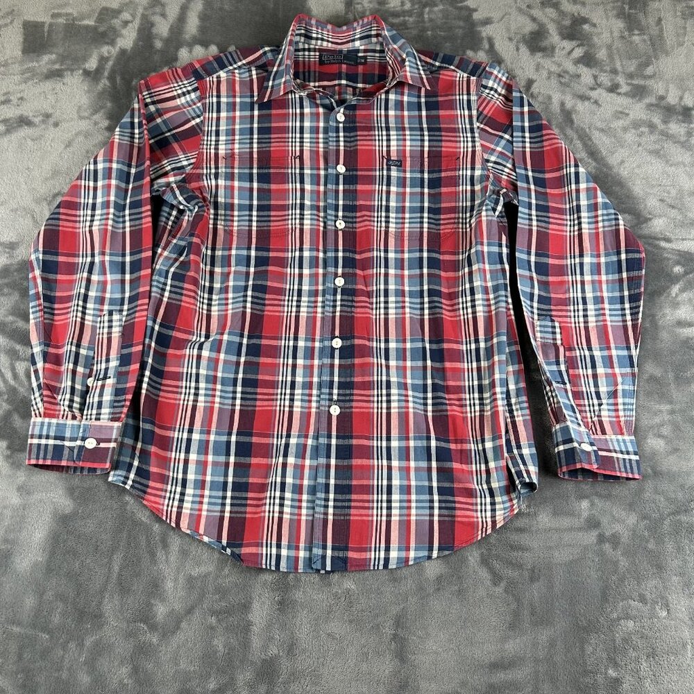 Polo Ralph Lauren Mens Medium Red Blue Plaid Button Down Tartan Shirt Long Sleev
